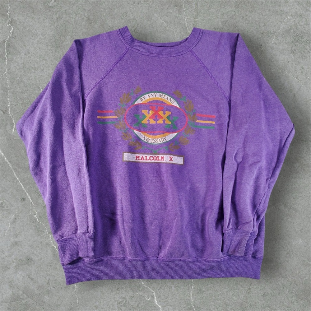 Vintage Malcom‎ X Sweater Mens Large Purple 80s 90s Crew By Any Means Necessary